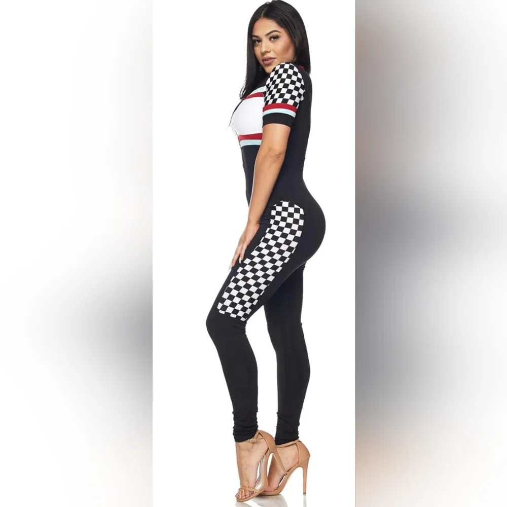 NWOT ... Short Sleeve Checkered Racing Jumpsuit - Black - Picture 4 of 10